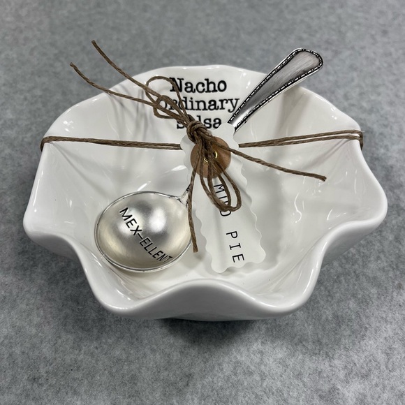 Mud Pie Nacho Ordinary Salsa Dish Embossed Spoon Set Serve‎ Ware White Ceramic - Picture 5 of 9